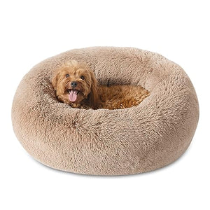 Bedsure Calming Dog Bed for Small Dogs - Donut Washable Small Pet Bed, 23 inches Anti-Slip Round Fluffy Plush Faux Fur Large Cat Bed, Fits up to 25 lbs Pets, Camel