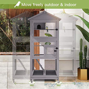 GUTINNEEN Outdoor Bird Aviary Wooden Large Bird Cage on Wheels, Featuring Play Stand, Perches, Nest Habitat, Include Wire Mesh Above Bottom Tray Easy to Clean