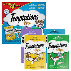 TEMPTATIONS Classic Crunchy and Soft Cat Treats Feline Favorite Variety Pack, 3 oz. Pouches,4 Count