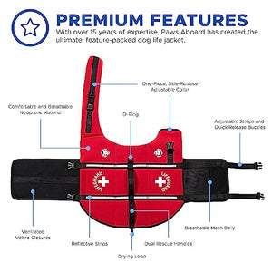 Paws Aboard Dog Life Jacket - Keep Your Canine Safe with a Neoprene Life Vest - Designer Life Jackets - Perfect for Swimming and Boating - Red, Large