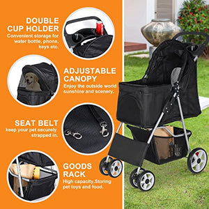 Pet Stroller 4 Wheels Dog Cat Stroller for Small Medium Dogs Cats Foldable Puppy Stroller with Storage Basket and Cup Holder