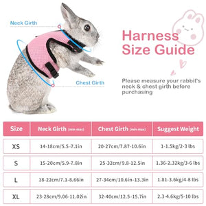 Pettom Bunny Rabbit Harness with Stretchy Leash Cute Adjustable Buckle Breathable Mesh Vest Harness and Leash Set for Kitten Small Pets Holland Lop Bunnies Walking (S(Chest:9.8-12.5 in))