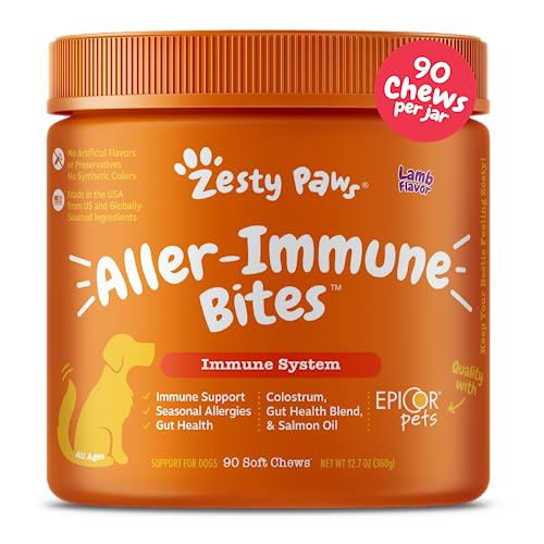 Zesty Paws Dog Allergy Relief - Anti Itch Supplement - Omega 3 Probiotics for Dogs - Salmon Oil Digestive Health - Soft Chews for Skin & Seasonal Allergies - with Epicor Pets - Lamb - 90 Count