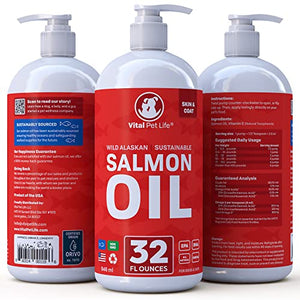 Salmon Oil for Dogs & Cats - Healthy Skin & Coat, Fish Oil, Omega 3 EPA DHA, Liquid Food Supplement for Pets, All Natural, Supports Joint & Bone Health, Natural Allergy & Inflammation Defense, 32 oz