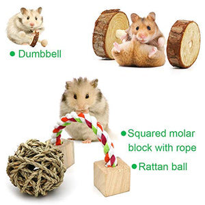 ZALALOVA Hamster Chew Toys, 12Pack MSDS Approved Natural Wooden Pine Guinea Pigs Rats Chinchillas Toys Accessories Dumbbells Exercise Bell Roller Teeth Care Molar Toy for Bunny