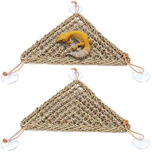 kathson Reptile Lizard Bearded Dragon Hammock Reptile Lounger Hermit Crab Climbing Toys Tank Accessories for Habitats 100% Natural Grass Fibers Hammock Bed for Geckos 2 PCS