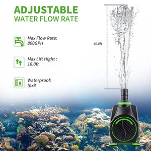 FREESEA Fountain Submersible Water Pump: 800GPH 45W Adjustable Ultra Quiet Aquarium Pump with 3 Nozzles 10ft High Lift for Small Pond | Fish tank | Waterfall | Outdoor | Hydroponics