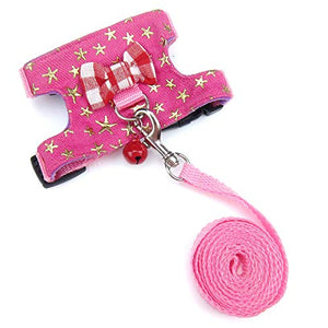 Wontee Small Pet Harness Vest and Leash Set with Bowknot and Bell Decor for Gerbil Guinea Pig Squirrel Kitten Outdoor Walking (S, Pink Star)