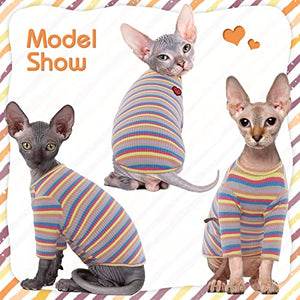 Bonaweite Sphynx Hairless Cats Shirt, Cornish Rex Kitten Rainbow Stripe T-Shirts with Sleeves, Breathable Cat Wear Turtleneck Sweater, Adorable Peterbald Cat's Clothes Vest Pajamas for All Season