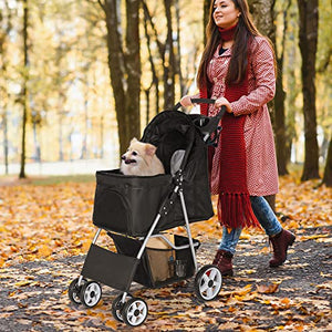 Pet Stroller 4 Wheels Dog Cat Stroller for Small Medium Dogs Cats Foldable Puppy Stroller with Storage Basket and Cup Holder