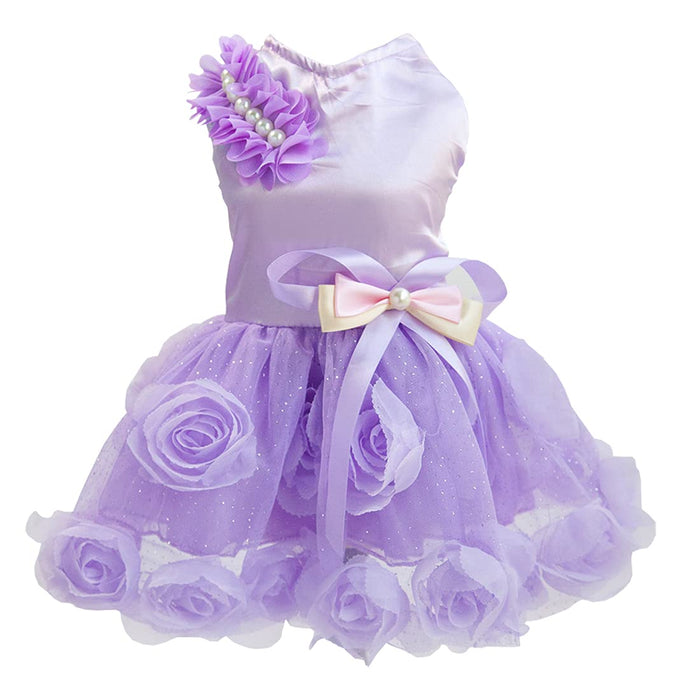 Dog Dress Luxury Puppy Skirt Dog Clothes Princess Dresses Wedding Evening Dress Tutu Skirt Rose Flower Bowknot Dress for Small Dog Girl (L, Purple)