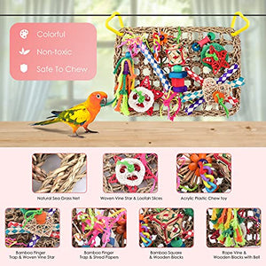 KATUMO Bird Toys, Bird Foraging Wall Toy, Edible Seagrass Woven Climbing Hammock Mat with Colorful Chewing Toys, Suitable for Lovebirds, Finch, Parakeets, Budgerigars, Conure, Cockatiel