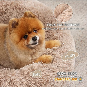 Bedsure Calming Dog Bed for Small Dogs - Donut Washable Small Pet Bed, 23 inches Anti-Slip Round Fluffy Plush Faux Fur Large Cat Bed, Fits up to 25 lbs Pets, Camel