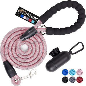 Gorilla Grip Heavy Duty Dog Leash, Soft Handle, Strong Reflective Durable Puppy Training Rope for Night Walking, Small Medium Large Dogs, Rotating Metal Clip, Waste Bag Dispenser, Pink