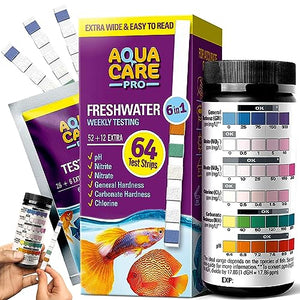 Freshwater Aquarium Test Strips 6 in 1 - Fish Tank Test Kit for Testing pH Nitrite Nitrate Chlorine General & Carbonate Hardness (GH & KH) - Easy to Read Wide Strips & Full Water Testing Guide - 64 Ct