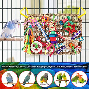 KATUMO Bird Toys, Bird Foraging Wall Toy, Edible Seagrass Woven Climbing Hammock Mat with Colorful Chewing Toys, Suitable for Lovebirds, Finch, Parakeets, Budgerigars, Conure, Cockatiel