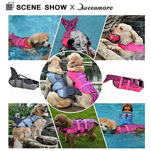 Queenmore Dog Life Jacket Ripstop Shark Dog Safety Vest Adjustable Preserver with High Buoyancy and Durable Rescue Handle for Small,Medium,Large Dogs, Grey Shark Large