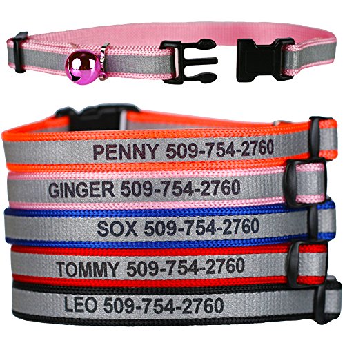 GoTags Personalized Reflective Cat Collars, Engraved Custom Cat Collar with Name and Phone, Breakaway Cat Collar with Safety Release Buckle and Bell, Adjustable for Cats and Kitten, (Pink)