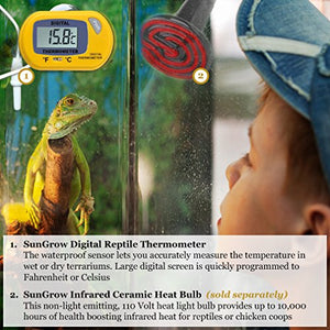 SunGrow Reptile Digital Thermometer, Waterproof Sensor Probe Monitors Temperature Accurately, Includes Replaceable Batteries, Easy to Read Display