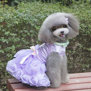 Dog Dress Luxury Puppy Skirt Dog Clothes Princess Dresses Wedding Evening Dress Tutu Skirt Rose Flower Bowknot Dress for Small Dog Girl (L, Purple)