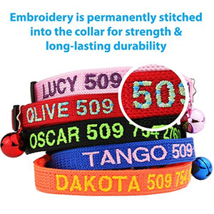 GoTags Personalized Cat Collars with Breakaway Safety Release Buckle, Custom Embroidered Cat Collar with Pet Name and Phone Number, Adjustable Nylon ID Collar with Bell for Cat or Kitten