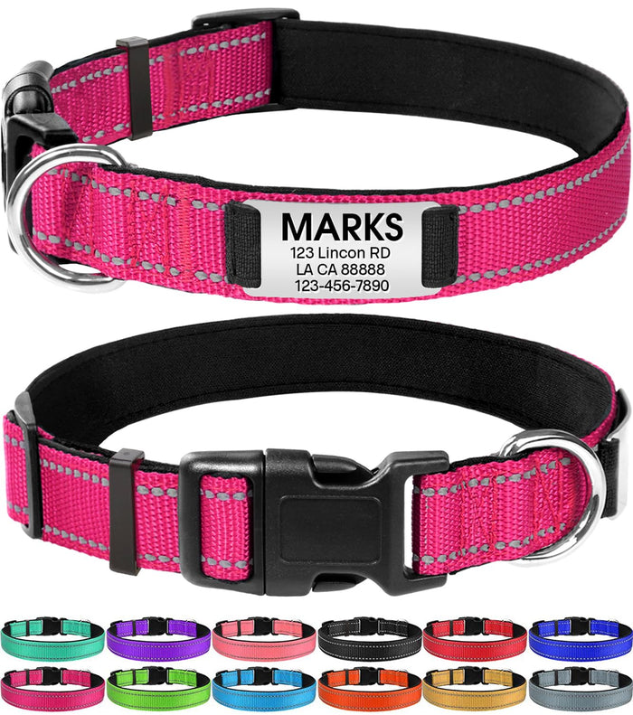 Joytale Personalized Dog Collars, Reflective Nylon Dog Collar with Engraved Name Plate, Customized for Large Dogs, Hotpink, L